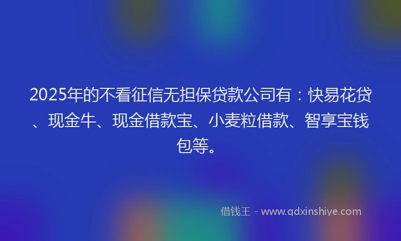 2025年的不看征信无担保贷款公司有：快易花贷、现金牛、现金借款宝、小麦粒借款、智享宝钱包等。