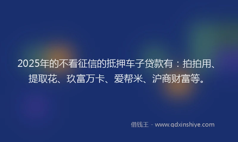 2025年的不看征信的抵押车子贷款有：拍拍用、提取花、玖富万卡、爱帮米、沪商财富等。