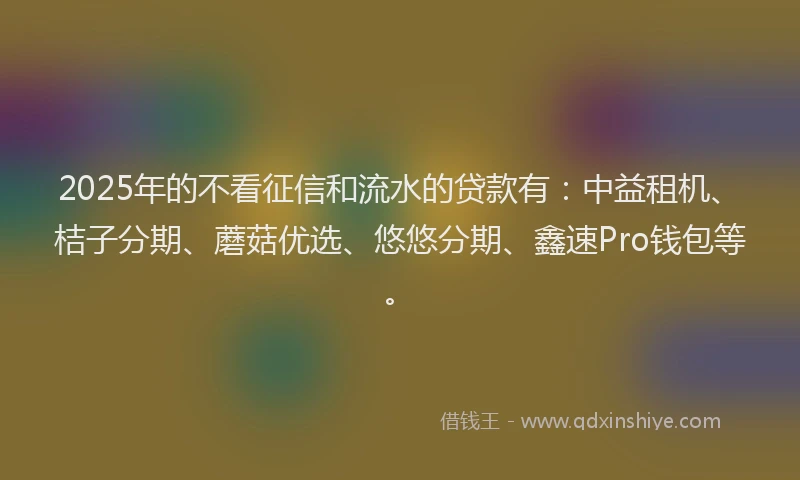 2025年的不看征信和流水的贷款有：中益租机、桔子分期、蘑菇优选、悠悠分期、鑫速Pro钱包等。