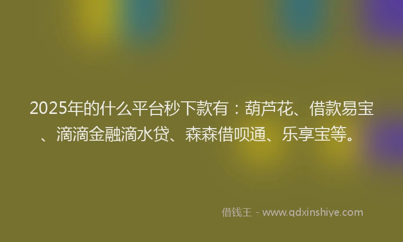 2025年的什么平台秒下款有：葫芦花、借款易宝、滴滴金融滴水贷、森森借呗通、乐享宝等。