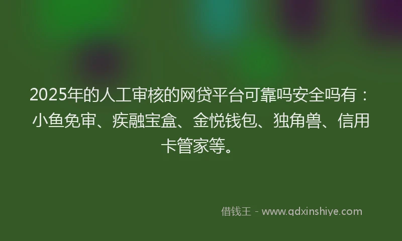 2025年的人工审核的网贷平台可靠吗安全吗有：小鱼免审、疾融宝盒、金悦钱包、独角兽、信用卡管家等。