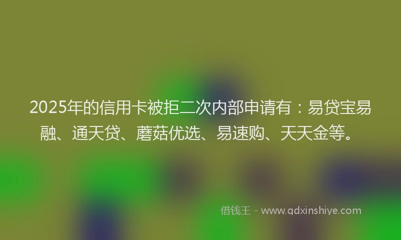 2025年的信用卡被拒二次内部申请有：易贷宝易融、通天贷、蘑菇优选、易速购、天天金等。