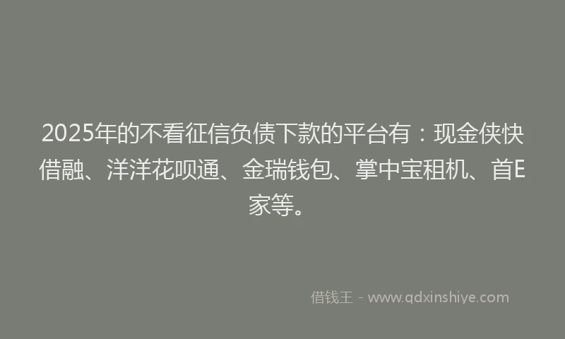 2025年的不看征信负债下款的平台有：现金侠快借融、洋洋花呗通、金瑞钱包、掌中宝租机、首E家等。