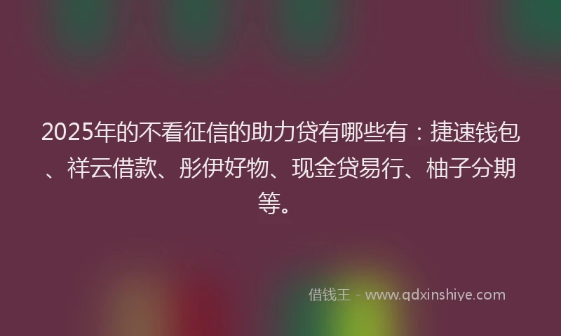 2025年的不看征信的助力贷有哪些有：捷速钱包、祥云借款、彤伊好物、现金贷易行、柚子分期等。