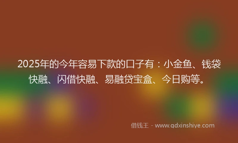 2025年的今年容易下款的口子有：小金鱼、钱袋快融、闪借快融、易融贷宝盒、今日购等。