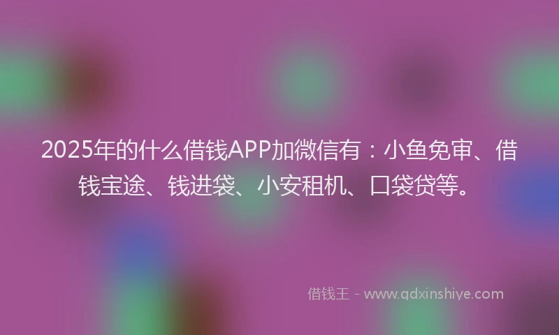 2025年的什么借钱APP加微信有：小鱼免审、借钱宝途、钱进袋、小安租机、口袋贷等。