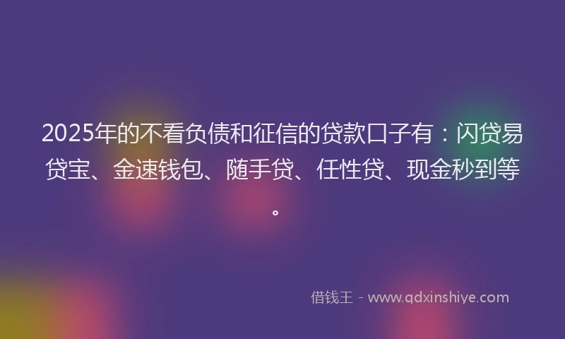 2025年的不看负债和征信的贷款口子有：闪贷易贷宝、金速钱包、随手贷、任性贷、现金秒到等。