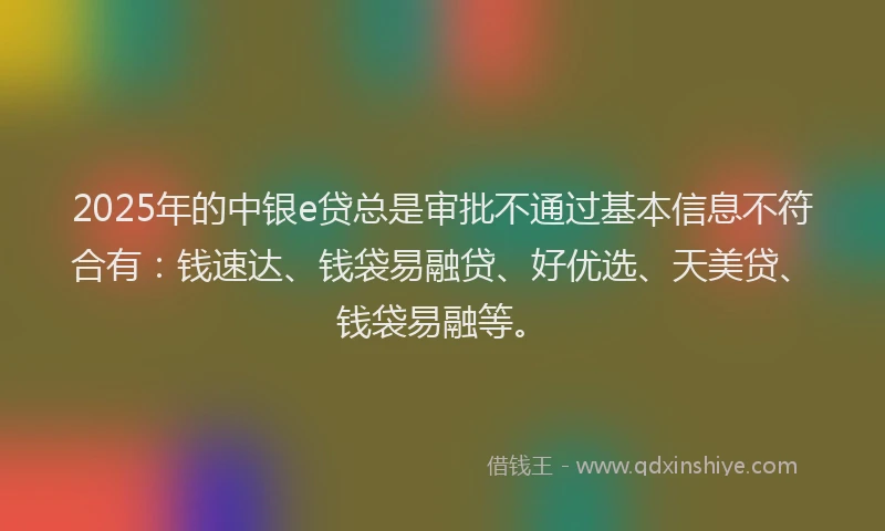 2025年的中银e贷总是审批不通过基本信息不符合有：钱速达、钱袋易融贷、好优选、天美贷、钱袋易融等。