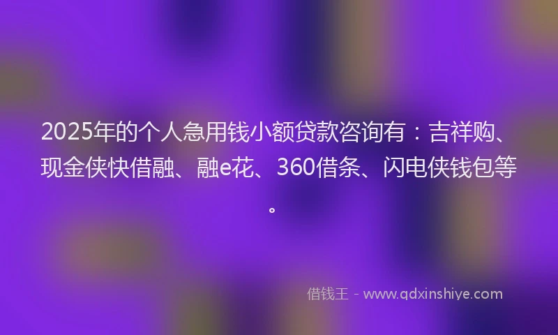 2025年的个人急用钱小额贷款咨询有：吉祥购、现金侠快借融、融e花、360借条、闪电侠钱包等。
