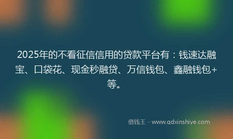 2025年的不看征信信用的贷款平台有：钱速达融宝、口袋花、现金秒融贷、万信钱包、鑫融钱包+等。