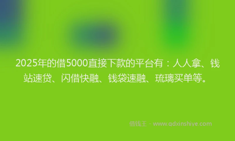 2025年的借5000直接下款的平台有：人人拿、钱站速贷、闪借快融、钱袋速融、琉璃买单等。