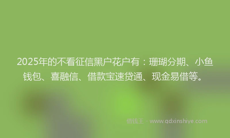 2025年的不看征信黑户花户有：珊瑚分期、小鱼钱包、喜融信、借款宝速贷通、现金易借等。