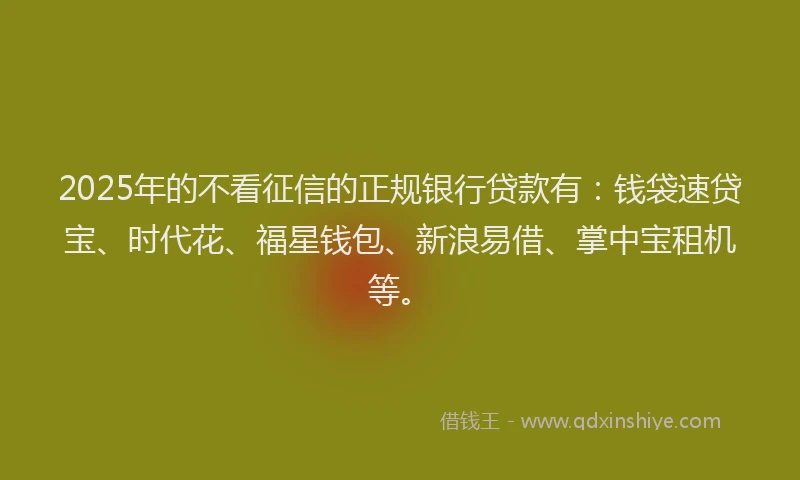 2025年的不看征信的正规银行贷款有：钱袋速贷宝、时代花、福星钱包、新浪易借、掌中宝租机等。