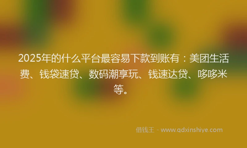 2025年的什么平台最容易下款到账有：美团生活费、钱袋速贷、数码潮享玩、钱速达贷、哆哆米等。