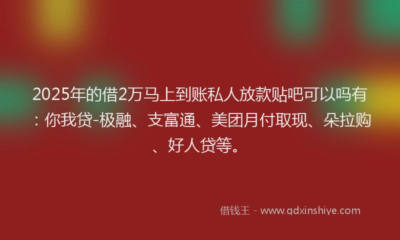 2025年的借2万马上到账私人放款贴吧可以吗有：你我贷-极融、支富通、美团月付取现、朵拉购、好人贷等。
