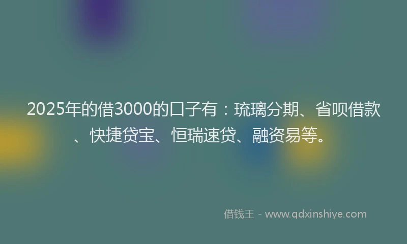 2025年的借3000的口子有：琉璃分期、省呗借款、快捷贷宝、恒瑞速贷、融资易等。