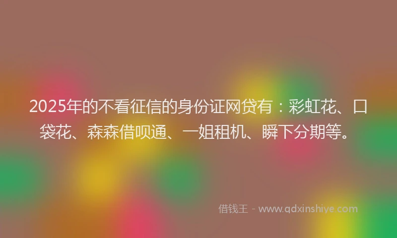2025年的不看征信的身份证网贷有：彩虹花、口袋花、森森借呗通、一姐租机、瞬下分期等。
