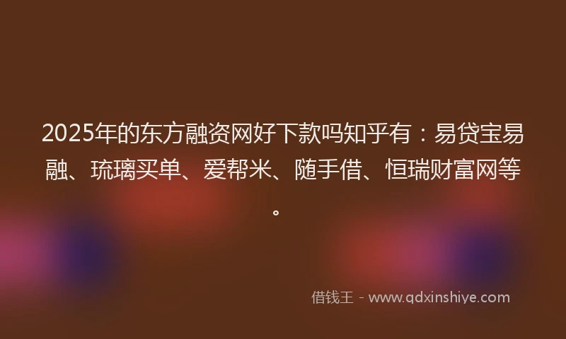 2025年的东方融资网好下款吗知乎有：易贷宝易融、琉璃买单、爱帮米、随手借、恒瑞财富网等。