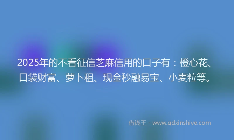2025年的不看征信芝麻信用的口子有：橙心花、口袋财富、萝卜租、现金秒融易宝、小麦粒等。