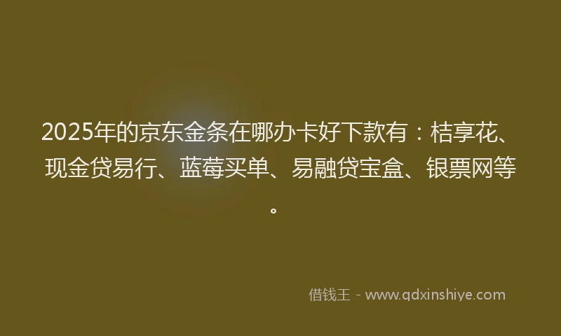 2025年的京东金条在哪办卡好下款有：桔享花、现金贷易行、蓝莓买单、易融贷宝盒、银票网等。