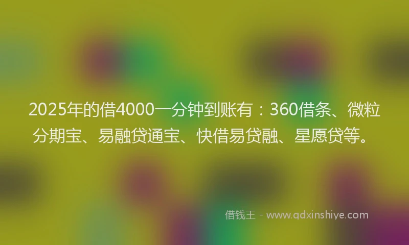 2025年的借4000一分钟到账有：360借条、微粒分期宝、易融贷通宝、快借易贷融、星愿贷等。