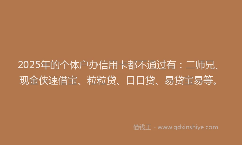 2025年的个体户办信用卡都不通过有：二师兄、现金侠速借宝、粒粒贷、日日贷、易贷宝易等。