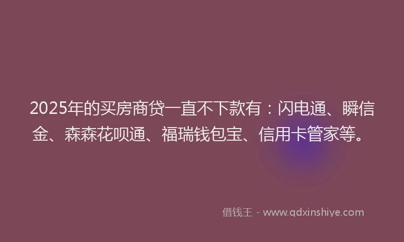 2025年的买房商贷一直不下款有：闪电通、瞬信金、森森花呗通、福瑞钱包宝、信用卡管家等。