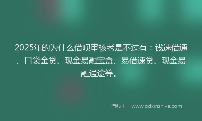 2025年的为什么借呗审核老是不过有：钱速借通、口袋金贷、现金易融宝盒、易借速贷、现金易融通途等。
