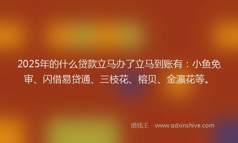 2025年的什么贷款立马办了立马到账有：小鱼免审、闪借易贷通、三枝花、榕贝、金瀛花等。