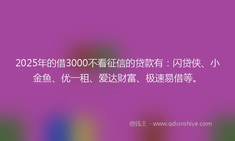2025年的借3000不看征信的贷款有：闪贷侠、小金鱼、优一租、爱达财富、极速易借等。