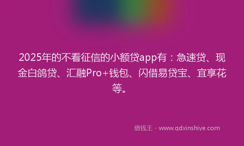 2025年的不看征信的小额贷app有：急速贷、现金白鸽贷、汇融Pro+钱包、闪借易贷宝、宜享花等。