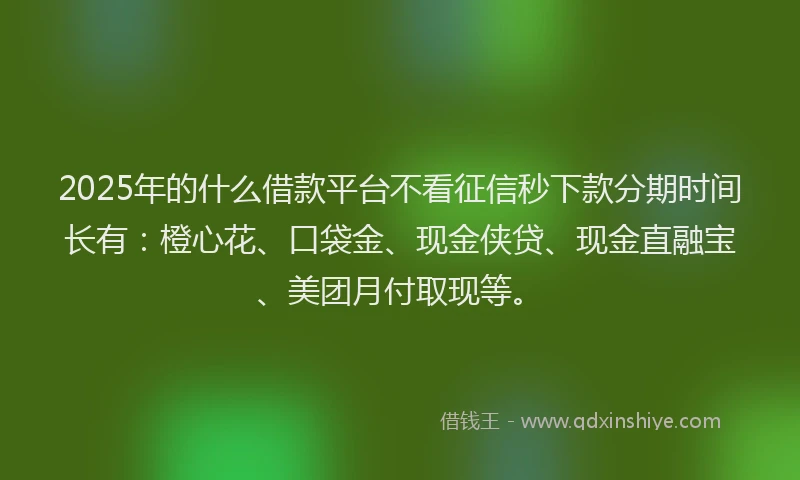 2025年的什么借款平台不看征信秒下款分期时间长有：橙心花、口袋金、现金侠贷、现金直融宝、美团月付取现等。
