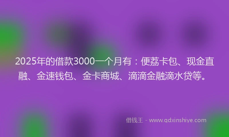 2025年的借款3000一个月有：便荔卡包、现金直融、金速钱包、金卡商城、滴滴金融滴水贷等。