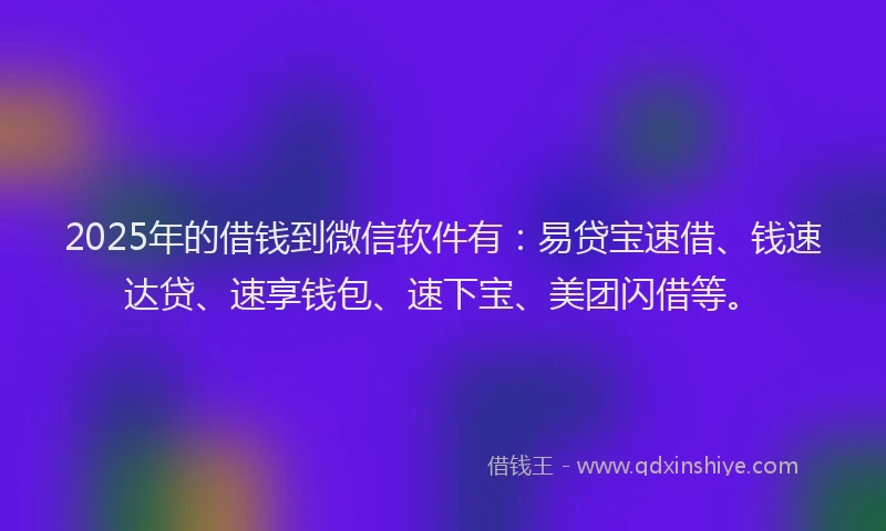 2025年的借钱到微信软件有：易贷宝速借、钱速达贷、速享钱包、速下宝、美团闪借等。
