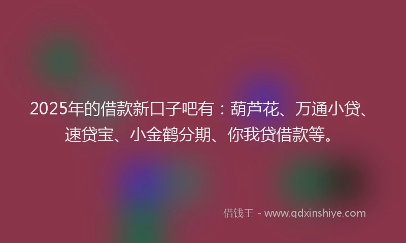 2025年的借款新口子吧有：葫芦花、万通小贷、速贷宝、小金鹤分期、你我贷借款等。