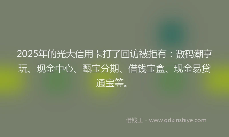 2025年的光大信用卡打了回访被拒有：数码潮享玩、现金中心、甄宝分期、借钱宝盒、现金易贷通宝等。