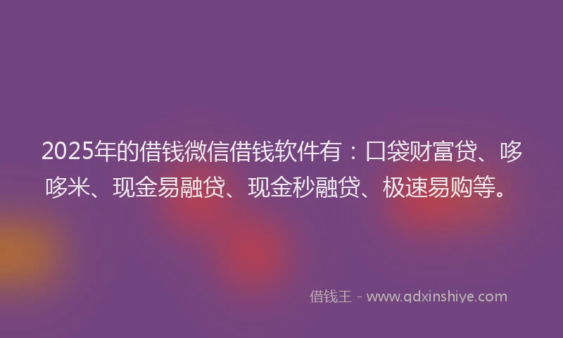 2025年的借钱微信借钱软件有：口袋财富贷、哆哆米、现金易融贷、现金秒融贷、极速易购等。