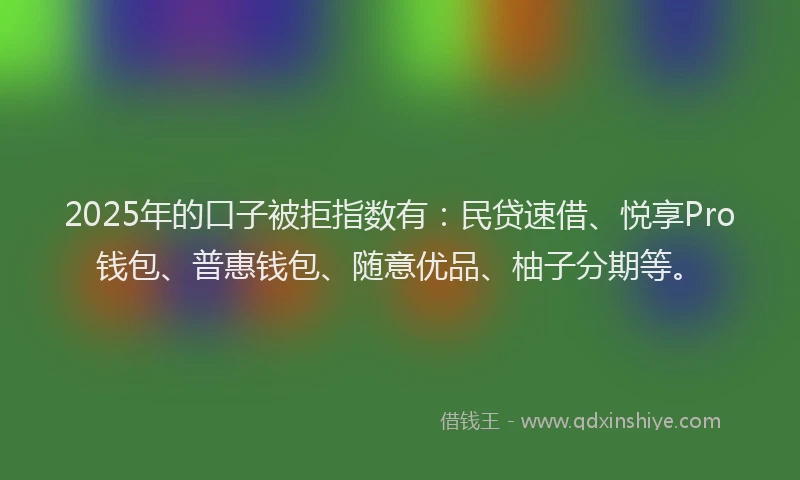 2025年的口子被拒指数有：民贷速借、悦享Pro钱包、普惠钱包、随意优品、柚子分期等。