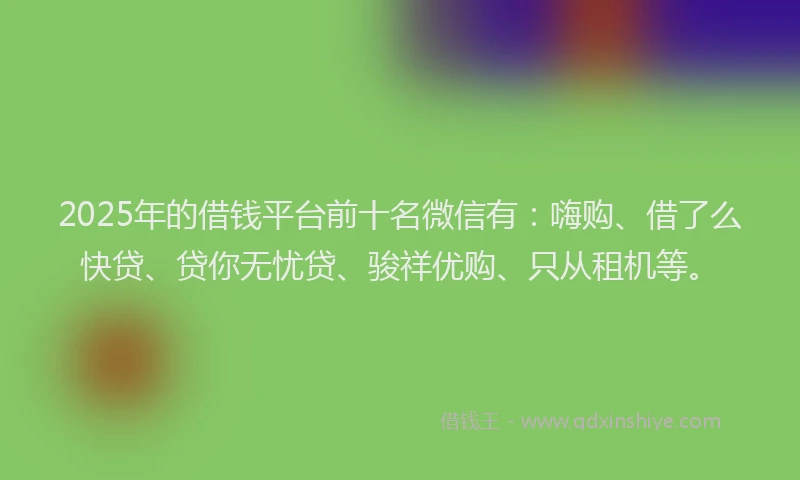 2025年的借钱平台前十名微信有：嗨购、借了么快贷、贷你无忧贷、骏祥优购、只从租机等。