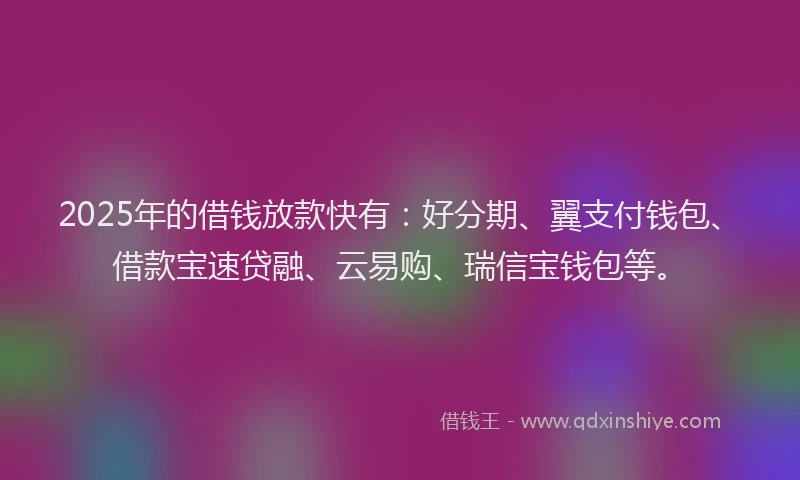2025年的借钱放款快有：好分期、翼支付钱包、借款宝速贷融、云易购、瑞信宝钱包等。