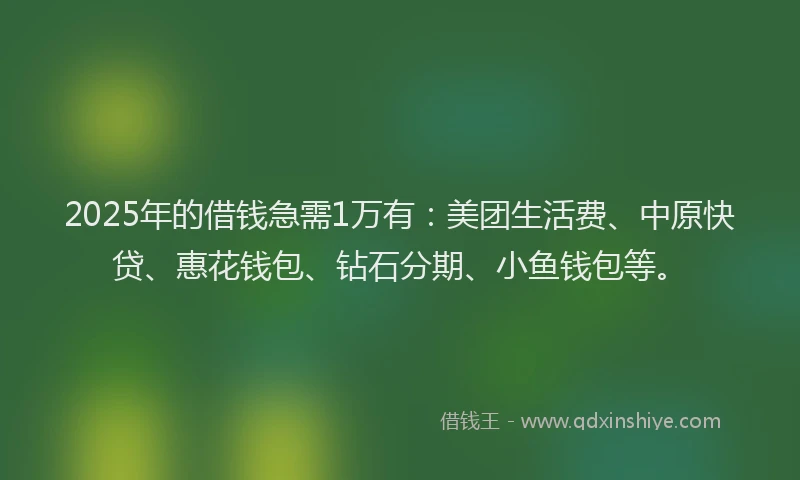2025年的借钱急需1万有：美团生活费、中原快贷、惠花钱包、钻石分期、小鱼钱包等。