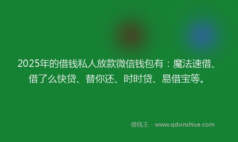 2025年的借钱私人放款微信钱包有：魔法速借、借了么快贷、替你还、时时贷、易借宝等。