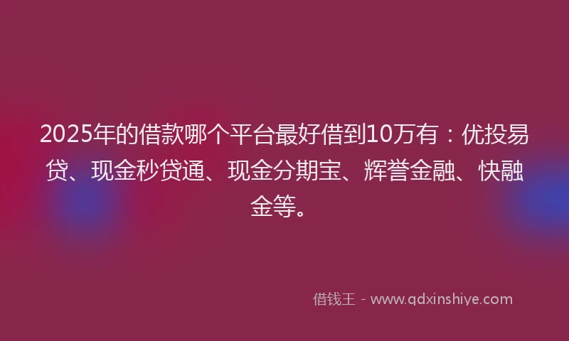 2025年的借款哪个平台最好借到10万有：优投易贷、现金秒贷通、现金分期宝、辉誉金融、快融金等。