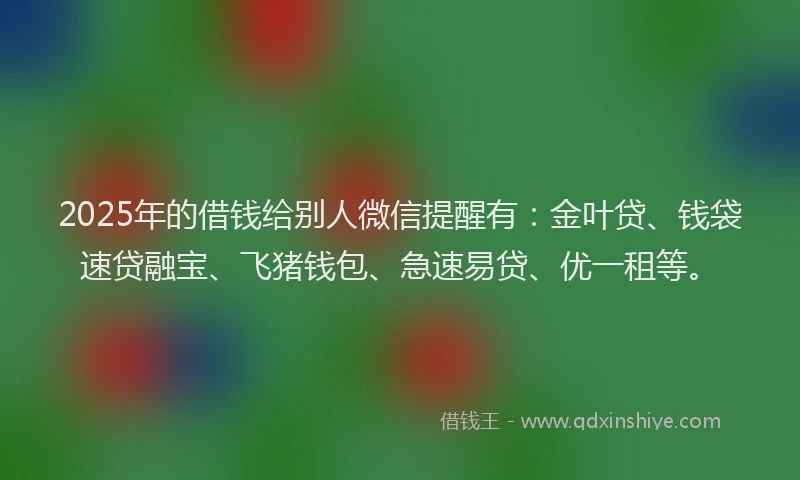 2025年的借钱给别人微信提醒有：金叶贷、钱袋速贷融宝、飞猪钱包、急速易贷、优一租等。