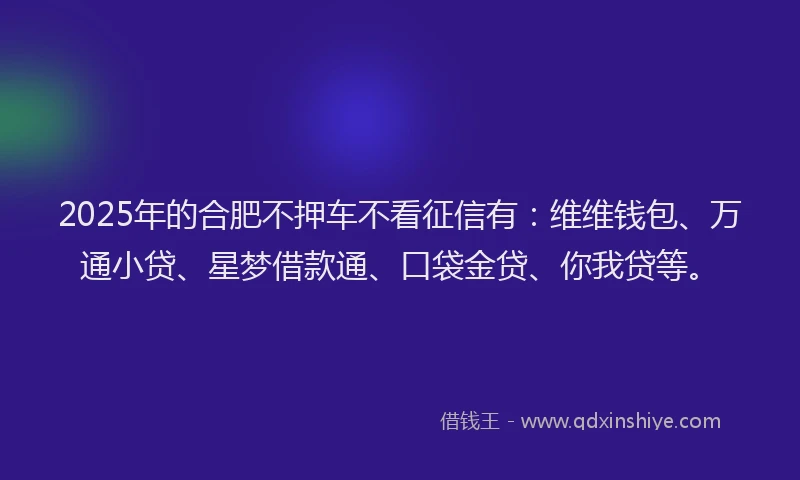 2025年的合肥不押车不看征信有：维维钱包、万通小贷、星梦借款通、口袋金贷、你我贷等。