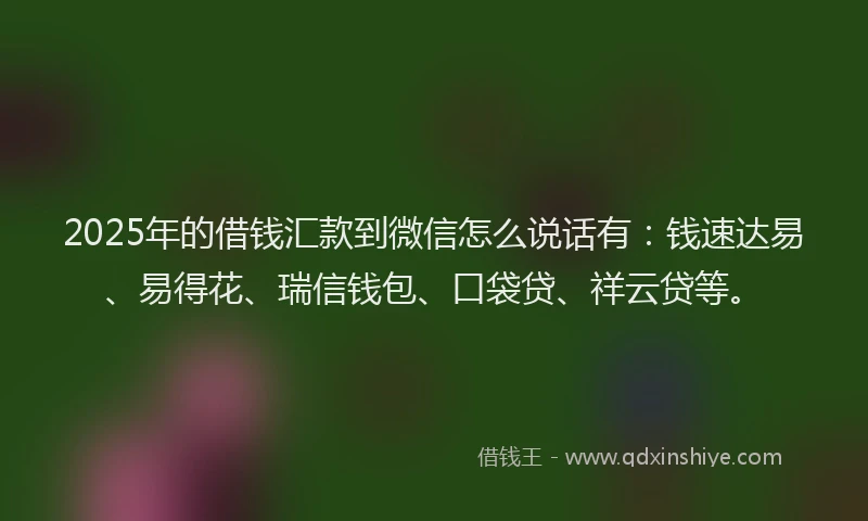 2025年的借钱汇款到微信怎么说话有：钱速达易、易得花、瑞信钱包、口袋贷、祥云贷等。