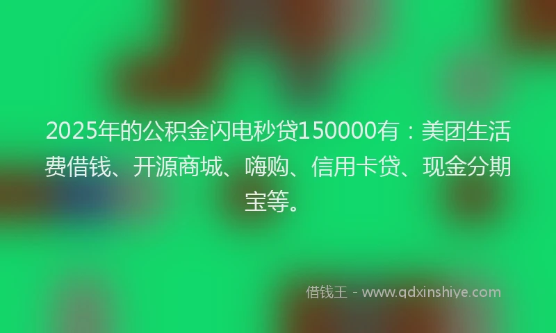 2025年的公积金闪电秒贷150000有：美团生活费借钱、开源商城、嗨购、信用卡贷、现金分期宝等。