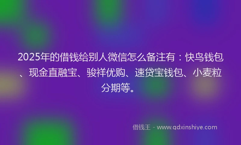 2025年的借钱给别人微信怎么备注有：快鸟钱包、现金直融宝、骏祥优购、速贷宝钱包、小麦粒分期等。