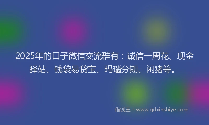 2025年的口子微信交流群有：诚信一周花、现金驿站、钱袋易贷宝、玛瑙分期、闲猪等。