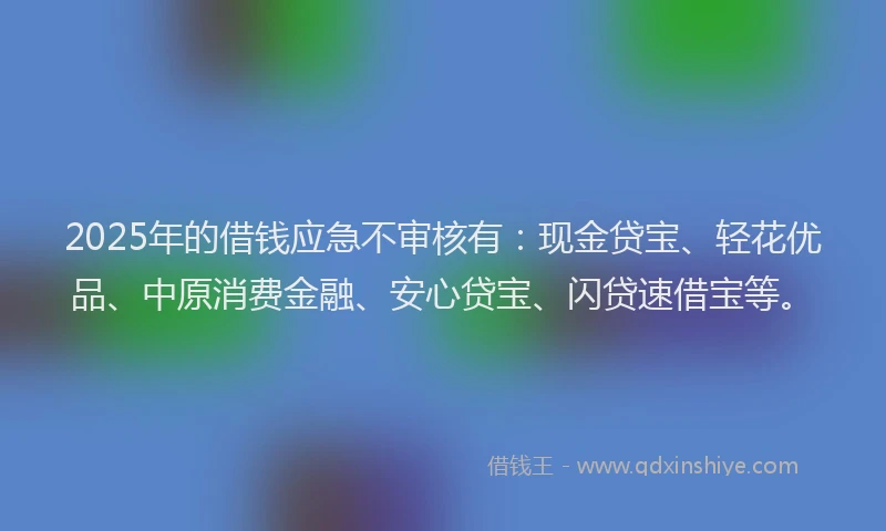 2025年的借钱应急不审核有：现金贷宝、轻花优品、中原消费金融、安心贷宝、闪贷速借宝等。